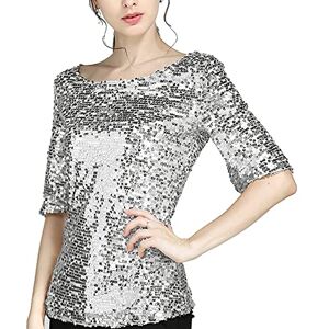 Hzmm Womens Coctail Party T Shirt Summer Fashion Sequins Half Sleeve Crew Neck Shiny Blouse Casual Women Crop Tops Ladies Club Tunic Shirt Silver