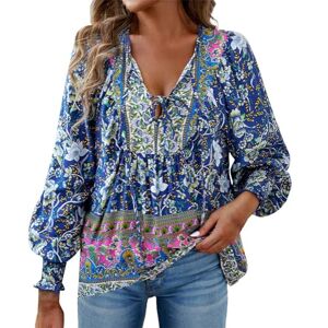 Generic Womens Ruffle Sleeve Chiffon Blouses Casual Boho Floral Printed V Neck Summer Beach Vacation Blouses Shirts Stylish Tops Loose Fit Ladies Pullover Tunic Tops S-XL Navy