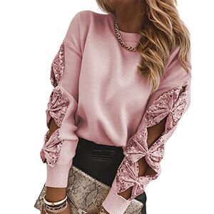 KCatsy Women Solid Color Knitted Top Sequin Long Sleeve Cut-Out Crew-Neck Plain Trendy Fashion Party Jersey Jumper Sweater Pullover A Pink S 10