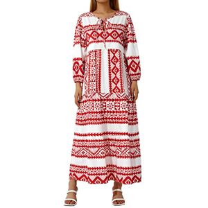 Frobukio Summer Dress for Women Floral Puff Sleeve Crewneck Maxi Dress Casual Flowy Swing A-Line Boho Beach Wedding Guest Dresses (Wine Red, L)