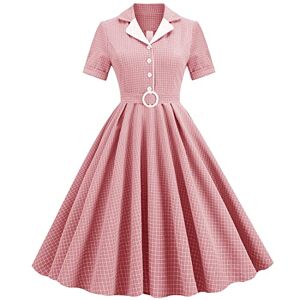 50s Dresses for Women UK 1950s 1940s Vintage Hepburn Short Sleeve Peter Pan Collar Rockabilly Swing A Line Midi Summer Skater Tea Dress Cocktail Party Evening Prom Gown Plus Size Pink Plaid M