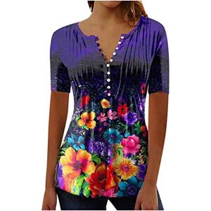 Yolimok Summer Henley T-Shirts Tops for Women UK Elegant Vintage Floral Printed Tunic Tops V Neck Flowy Flare Buttons Up Blouse Swing Blouses Longine Shirts Casual Baggy Pullover Plus Size 8-18 Purple