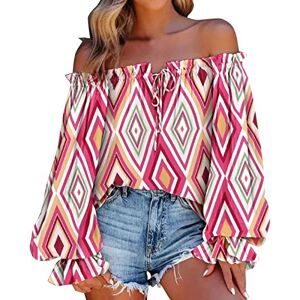 Generic Women Summer Off Shoulder Shirt Floral Print Casual Long Sleeve Off Shoulder V Neck Tops Retro Ethnic Style Loose Blouse Features: Plus Size Tops for Women Tunic Tank Tops Women Sport Watermelon Red