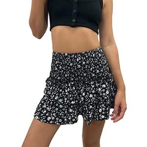 Femereina Women's Summer High Waist Ruffle Tiered Mini Skirt Floral Printed A-line Bohemian Layered Ruffled Beach Cute Skirt (Black 1, M)