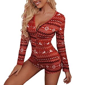 FeMereina Women's Christmas Long Sleeve Short Jumpsuit Button Down V Neck Xmas One Piece Bodysuit Club Tank Romper Overall Pajama (Wine Red#1, L)