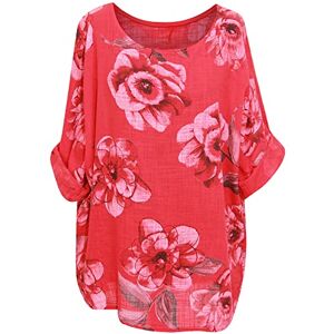 George Hilton Ladies Italian Cotton Crop Top with Quirky Floral Print - Perfect Summer Tunic Dress for Women (One Size 10-18 UK) (Red)