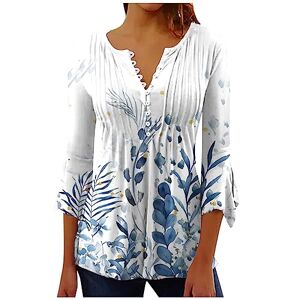 Kuih Womens Tunic Tops 3/4 Sleeves Ladies V Neck Flower Printed Top Casual Loose Comfy Breathe Blouse Elegant Button UP Pullover T-Shirt for Party Dance Office