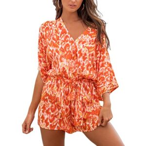 CUPSHE Women Jumpsuit V Neck Lace Up Romper Leopard Print Dolman Sleeves Short Wide Leg Casual Overall Playsuit Orange XL