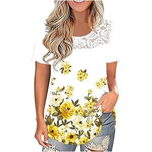 Summer Tops For Women Uk 0307a105757 Work Blouses for Women Summer Tops UK Size 14 Elegant Print Crewneck Lace Short Sleeve Top V Neck Shirts Fashion Women Casual Loose T-Shirt Tops Yellow XL Work Offiece Blouses Clearance