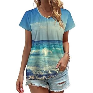 Songting Ocean Waves Seychelles Island Beach In Sunset Womens V Neck T Shirts Cute Graphic Short Sleeve Casual Tee Tops 3XL