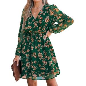CUPSHE Women's Floral Print Chiffon A-Line Mini Dress Long Peasant Sleeves Elastic Autumn Dress Green Floral L