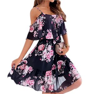 Summer Dress Off Shoulder Floral Print Short Sleeve Casual Dresses Cross Bohemia Swing Beach Sundress Black XL