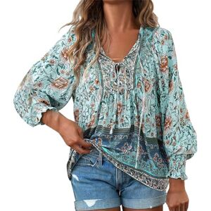 Generic Women's Chiffon Blouses Ruffle Long Sleeve Boho Floral Lace Up V Neck Summer Beach Vacation Blouses Shirts Loose Fit Ladies Pullover Tunic Tops S-XL Blue