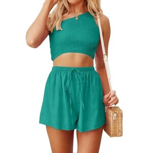 LCDIUDIU Womens Shorts Co Ord Sets Summer Sexy One Shoulder Tank Top, Rose Pink Elastic Slim Fit Backless Sleeveless Vest T-Shirt 2 Piece Outfit Lounge Wear Matching Sets For Holiday Beach Green M