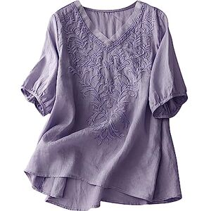 Frill Neck Blouses For Women Uk Linen Tops for Women UK Sale Floral Embroidery Blouses Cotton Linen Shirts Short Sleeve Elegant Casual Loose V Neck Tunic Tops Summer Retro Vintage Tops Beach Boho Graphic Tee Shirt Clearance