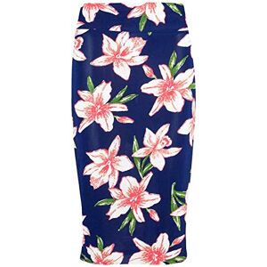 Fashion Star Womens Floral Elasticated Waist Bodycon Fitted Midi Skirt Skirt Navy & Pink Flower S/M (UK 8/10)