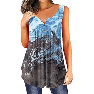 Generic Women V Neck Longline Casual Button Down Cotton Linen Shirts Beach Women Top Ladies Summer Loose Border Fashion 3D Sleeveless Printed T Shirt Vest Loose Comfy Oversized Hide Belly Shirts (Blue, XXXL)