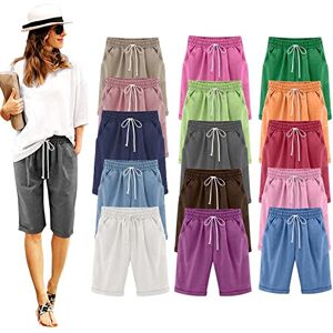 Generic Women Summer Cotton Pants Womens Solid Casual Drawstring Elastic Waist Knee Length Bermuda Shorts Summer Soft Cute Beach Shorts with Pockets UK Size 3_Light Blue S