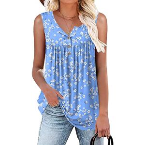 Aodemo Women's Summer Casual Henley V Neck Tunic Ladies Button Up Tops Flowy Sleeveless Shirts Loose Blouse L, Blue-White Flower