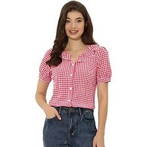 Allegra K Women's Gingham Plaid Shirts, Plaid Top for Women, Ruffle Collar Blouse, Short Sleeve Checked Shirt Tops Red 12