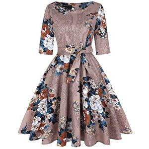 MINTLIMIT Women's Floral Vintage Dress Half Sleeve Midi Swing Dresses with Pockets(Floral Light Brown,Size XXL)