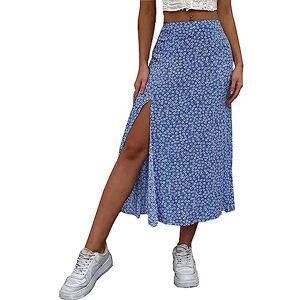 Femereina Women's Boho Floral Printed Midi Skirts Self Tie Knot High-Low Ruffle Hem Wrap Skirt Elastic Waist Swing Maxi Dresses (E-Dark Blue, S)