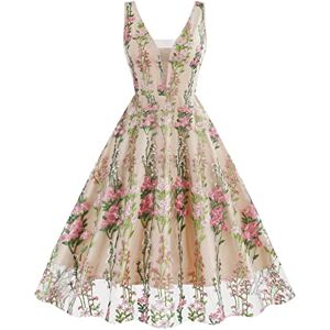 Vintage Dresses for Women 1950s, Sleeveless Mesh Patchwork Cocktail Swing Dress Embroidery A-line Dress Rockabilly Retro Wedding Guest 50's 60's Party Dinner Dance Evening Prom Gown Pink floral S