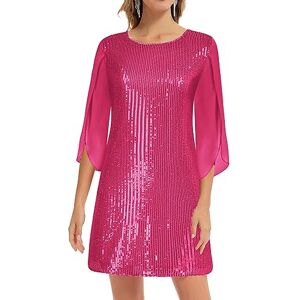 GRACE KARIN Ladies Elegant A Line Sequin Dress for Wedding Guest 3/4 Slit Sleeve Crew Neck Going Out Dress Hot Pink M