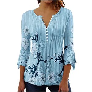 Kuih Womens Tunic Tops 3/4 Sleeves Ladies V Neck Flower Printed Top Casual Loose Comfy Breathe Blouse Elegant Button UP Pullover T-Shirt for Party Dance Office Size 8-16