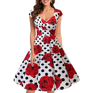 Bbonlinedress Women's 50s 60s A Line Rockabilly Dress Cap Sleeve Floral Vintage Swing Party Dress White Black Rose XS