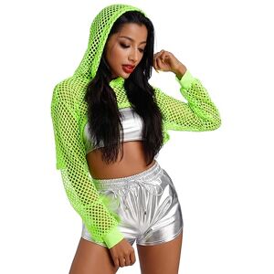 IBAKOM Women's Fishnet Hoodie Drawstring Long Sleeve Mesh Hooded Crop Top Rave Musical Festival Costume Outfits Hot Streetwear Clubwear Fluorescent Green