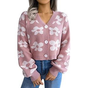 Snakell Women's Cropped Cardigan Sweater V-Neck Button Down Long Sleeve Crop Top Chunky Knit Sweater Coats Jumper Knitwear Autumn Winter Lightweight Outerwear (c-Pink, M)