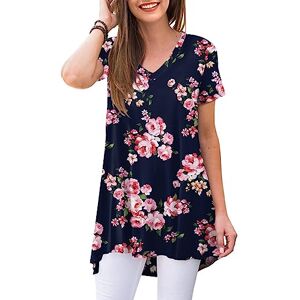 POPYOUNG Women's Summer Casual Short Sleeve Tunic Tops to Wear with Leggings V-Neck T-Shirt Loose Blouse L,Dark Blue-Pink Flower