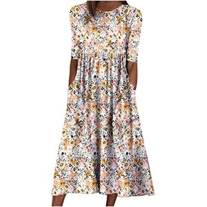 AMhomely Women Casual Dress Sale Summer Midi Dress Boho Dress Round Neck Half Sleeve Floral Printed Dresses with Pocket Boho Dress Cocktail Holiday Beach Long Dress for Ladies UK Size…