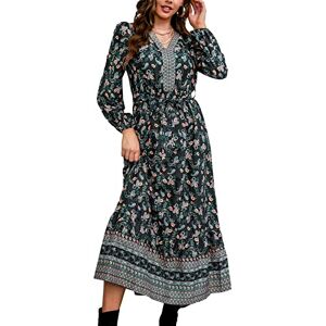 CUPSHE Women's Maxi Casual Dress V Neck Paisley Print Long Sleeves Ruffled Flowy Boho A-Line Dress Black L