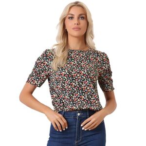Allegra K Women's Floral Blouse Crew Neck Casual Shirred Short Sleeve Top Black Red 16