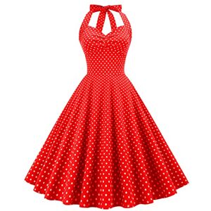 IMEKIS Women 1950s Vintage A Line Halter Neck Polka Dot Dress Sleeveless Cocktail Evening Retro Swing Dress Knee Length Wedding Party Ball Gown Summer Beach Sundress Red 03 S