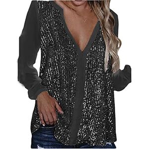 Sequin Tops 21/1214a1002 Sequin Tops for Women,Women's Lounge V Neck Sequin T Shirts Long Sleeve Oversized Glitter Tunic Top Black