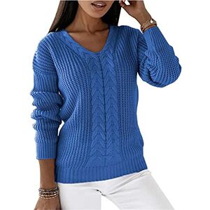 Achinel Cozy Sweater Womens Cable Knit Jumper V Neck Pullover Knitwear Casual Knitted Sweaters Tops Blue XL