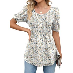 iWoo Womens Floral Blouses Puff Short Sleeve T Shirt Loose O Neck Tops Pleated Tunic Tops Ladies Shirts Floral White Blue XXL (UK 20-22)