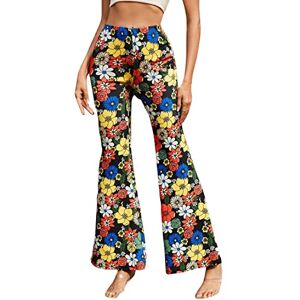 Womens Spring Summer High Waisted Flared Pants Floral Print Bootcut Yoga Pants Wide Leg Trousers Blue