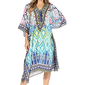 Sakkas P2 - Kristy Long Tall Lightweight Caftan Dress/Cover Up with V-Neck Jewels - 17118-BlackTurq - OS