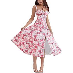 Tuosiqi ERMODA Women's Floral Corset Midi Dress,Summer Boho Sleeveless Square Neck Flowy Print Slit Lace Up Fitted Fairy Dress (Color : Big Red Flower, Size : Medium)