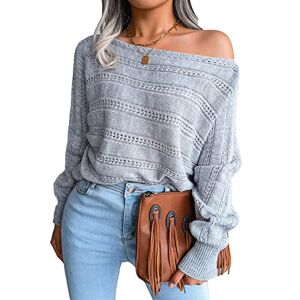 Greensen Women Knitted Top Long Sleeve Solid Color Sweater One Shoulder Casual Crewneck Sweater Loose Pullover Sweater Top(L-Gray)