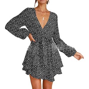 Generic Women's Dress Deep V-Neck Long Sleeve Sexy Waist Tie Ruffle Mini Swing Dresses Floral Party Wedding Dress with Belt, Black 1, Large