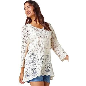 Roman Cotton Crochet Tunic for Women UK Ladies Cotton Lace Top Blouse Crinkle Embroidered Eyelet Broderie Anglaise Spring Summer Beach Holiday Cool Loose Jumper Cover Up - Natural - Size 14