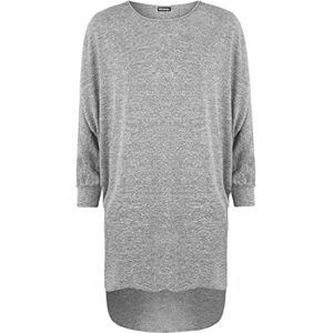 WearAll Women's Plus Plain Oversized Knit Long Sleeve Batwing Dip Hem Baggy Ladies Top - Light Grey - 12/14