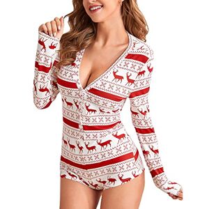 FeMereina Women's Christmas Long Sleeve Short Jumpsuit Button Down V Neck Xmas One Piece Bodysuit Club Tank Romper Overall Pajama (White Red#1, M)