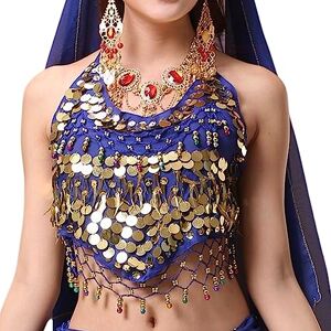 Samheng Women's Halter Neck Bra for Belly Dance, Backless Padded Bra Top Camisole Halter Crop, Bandage Tank Top Sequins Belly Dance Crop Top for Festival Party Clubwear Royal Blue