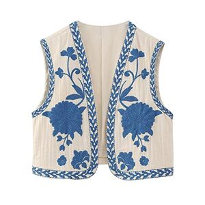 Women Y2K Embroidered Cardigan Vest Top Sleevelss Linen Open Front Blouse Crop Top Outwear Vest Summer Clothing Blue